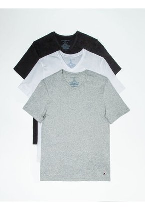 Pack 3 Camisetas Negra Cuello En V Con Logo Tommy Hilfiger