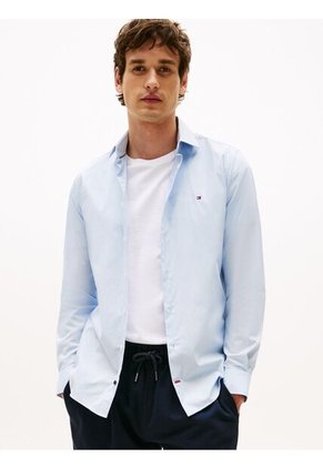 Camisa Celeste Flex Poplin De Corte Slim Tommy Hilfiger