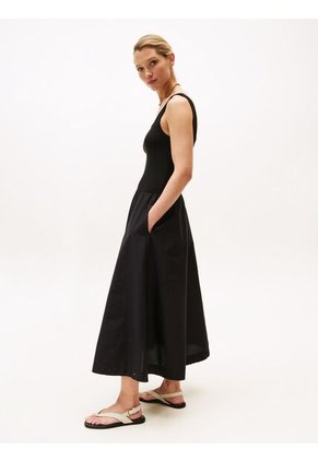 Vestido Negro Midi Evasé De Corte Slim Tommy Hilfiger