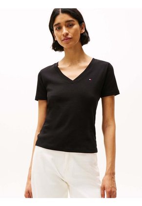Camiseta Negra De Rayas Con Cuello En V Tommy Hilfiger
