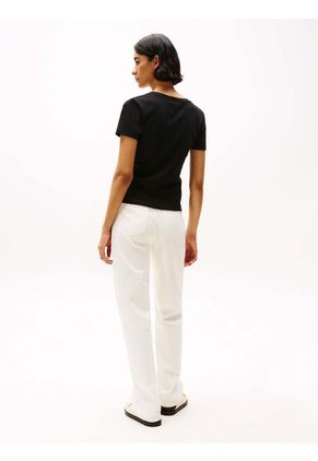 Camiseta Negra De Rayas Con Cuello En V Tommy Hilfiger