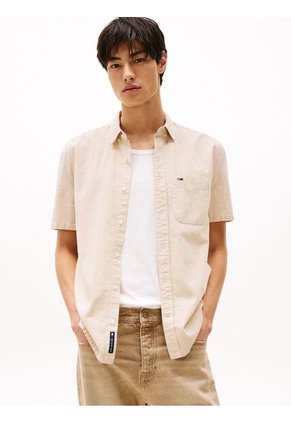 Camisa Beige De Rayas Con Manga Corta Tommy Jeans