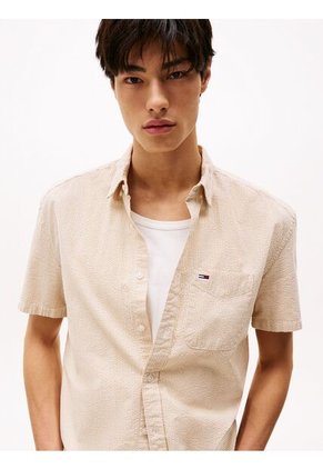 Camisa Beige De Rayas Con Manga Corta Tommy Jeans