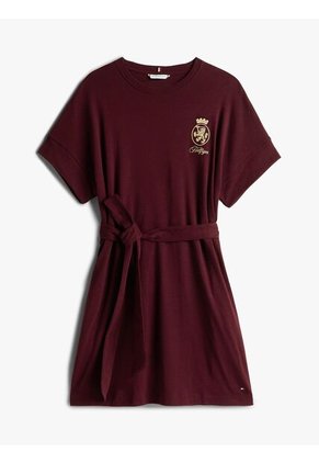 Vestido Rojo Con Cinturón Anudable Y Logo Gráfico Dorado Tommy Hilfiger