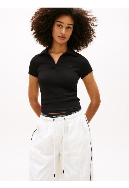 Polo Negro Acanalado De Corte Slim Tommy Jeans