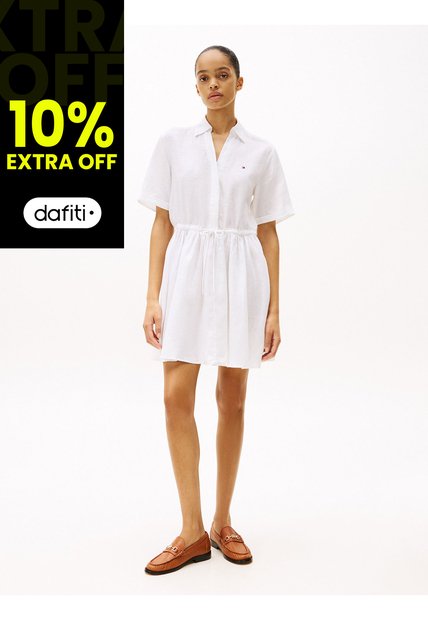 Minivestido Blanco Camisero De Puro Lino Tommy Hilfiger