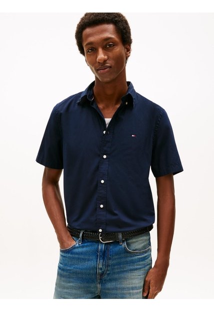 Camisa Azul Flex Poplin Solid De Manga Corta Tommy Hilfiger