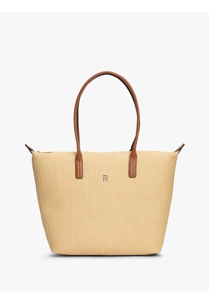 Bolso Beige Tote Popette Raffia Con Insignia Metalizada TH Tommy Hilfiger