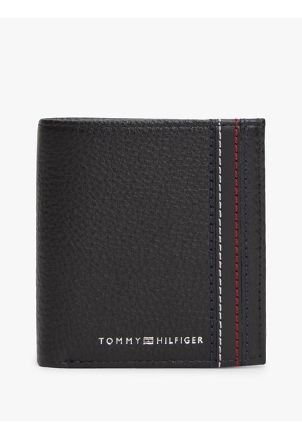 Billetera Negra Plegable De Cuero Granulada Con Logo Tommy Hilfiger