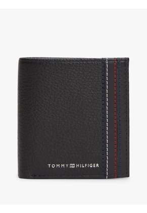 Billetera Negra Plegable De Cuero Granulada Con Logo Tommy Hilfiger