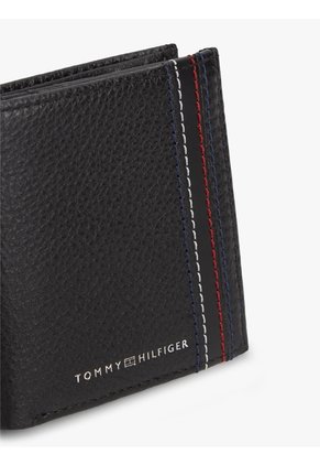 Billetera Negra Plegable De Cuero Granulada Con Logo Tommy Hilfiger