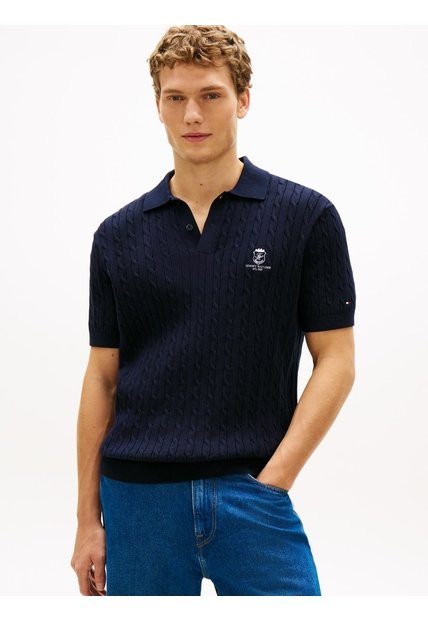 Polo Azul De Punto Trenzado Con Logo Bordado Tommy Hilfiger