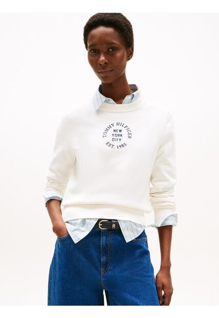 Saco Blanco Tejido Cuello Redondo Con Logo Gráfico Tommy Hilfiger