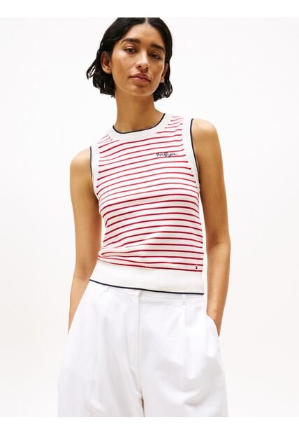 Top Blanco De Cuello Redondo Con Diseño De Rayas Tommy Hilfiger