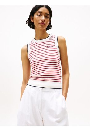 Top Blanco De Cuello Redondo Con Diseño De Rayas Tommy Hilfiger