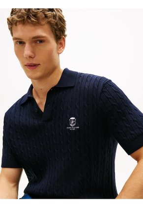 Polo Azul De Punto Trenzado Con Logo Bordado Tommy Hilfiger