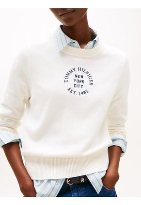 Saco Blanco Tejido Cuello Redondo Con Logo Gráfico Tommy Hilfiger