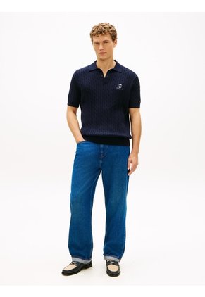Polo Azul De Punto Trenzado Con Logo Bordado Tommy Hilfiger