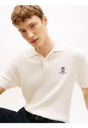 Polo Blanco De Punto Trenzado Con Logo Bordado Tommy Hilfiger