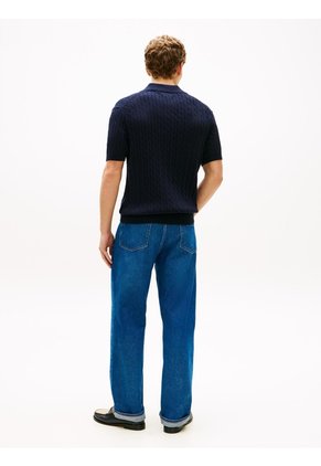 Polo Azul De Punto Trenzado Con Logo Bordado Tommy Hilfiger