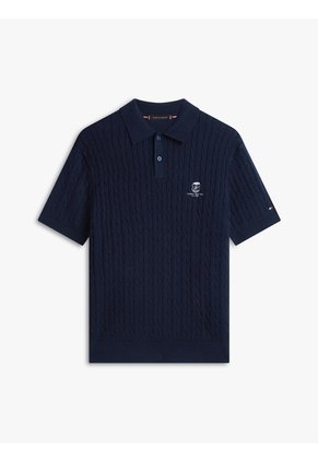 Polo Azul De Punto Trenzado Con Logo Bordado Tommy Hilfiger