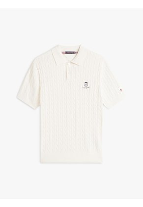 Polo Blanco De Punto Trenzado Con Logo Bordado Tommy Hilfiger