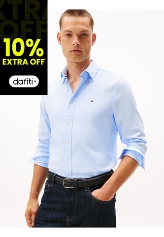 Camisa Celeste Slim De Hilo Teñido Tommy Hilfiger Tommy Hilfiger