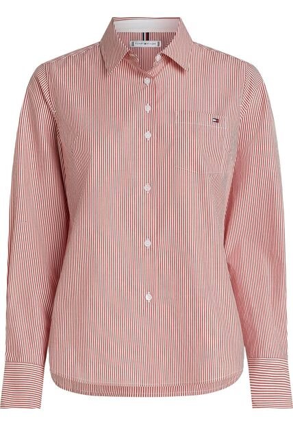 Camisa Roja Poplin A Rayas Con Logo Tommy Hilfiger