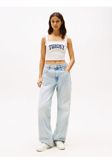 Crop Top Blanco Varsity Fruncido De Corte Slim