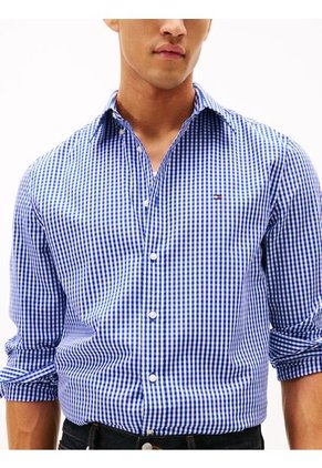 Camisa Azul Manga Larga Regular De Popelín Flex Con Cuadros Gingham Tommy Hilfiger