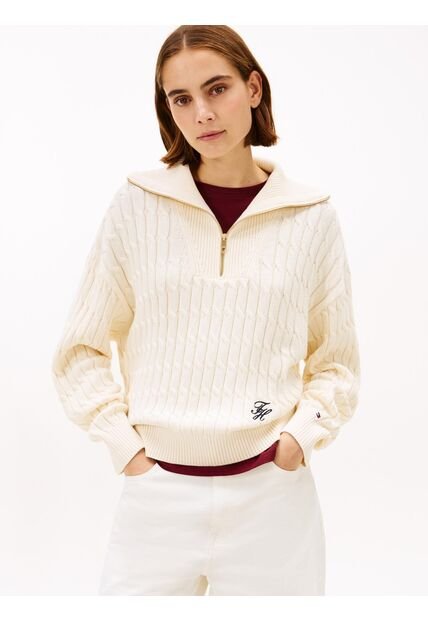 Saco Blanco Con Cierre De Cremallera De 1/2 Con Tejido Cableado Tommy Hilfiger