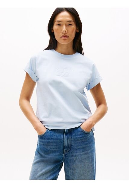 Camiseta Celeste De Cuello Redondo Con Logo Bordado Tommy Hilfiger