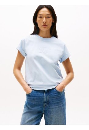 Camiseta Celeste De Cuello Redondo Con Logo Bordado Tommy Hilfiger