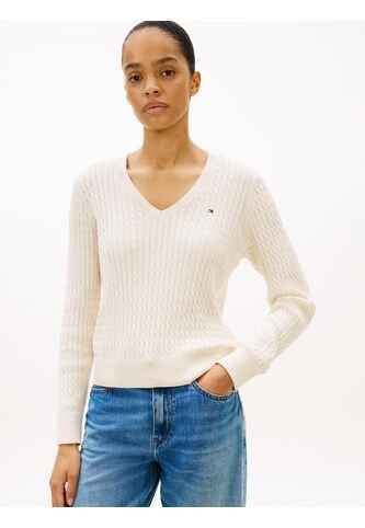 Saco Blanco De Punto Trenzado Con Cuello En V Tommy Hilfiger Tommy Hilfiger