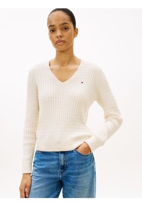 Saco Marfil De Punto Trenzado Con Cuello En V Tommy Hilfiger
