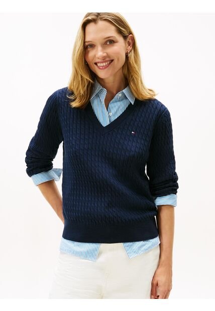 Saco Azul De Punto Trenzado Con Cuello En V Tommy Hilfiger