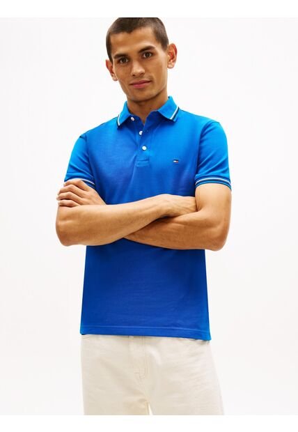 Polo Celeste Ribeteado De Corte Slim Tommy Hilfiger