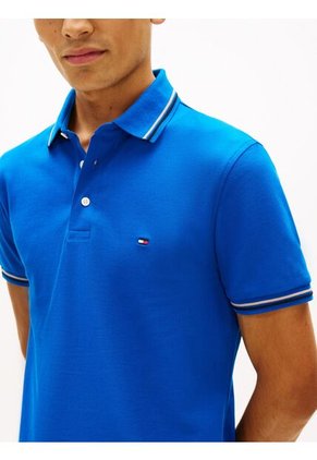 Polo Celeste Ribeteado De Corte Slim Tommy Hilfiger