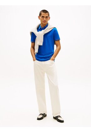 Polo Celeste Ribeteado De Corte Slim Tommy Hilfiger