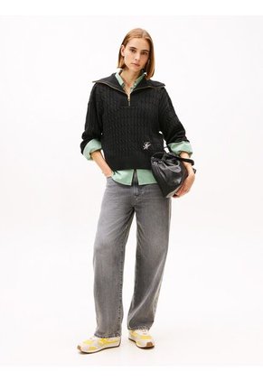 Saco Negro Con Cierre De Cremallera De 1/2 Con Tejido Cableado Tommy Hilfiger