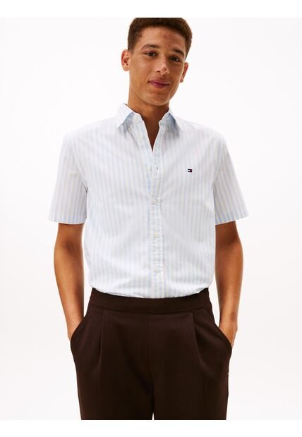 Camisa Celeste Flex Poplin De Rayas Manga Corta Con Logo Tommy Hilfiger