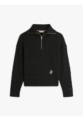 Saco Negro Con Cierre De Cremallera De 1/2 Con Tejido Cableado Tommy Hilfiger