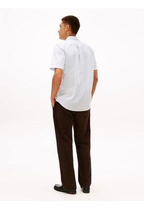 Camisa Celeste Flex Poplin De Rayas Manga Corta Con Logo Tommy Hilfiger