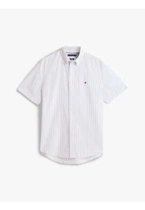 Camisa Celeste Flex Poplin De Rayas Manga Corta Con Logo Tommy Hilfiger