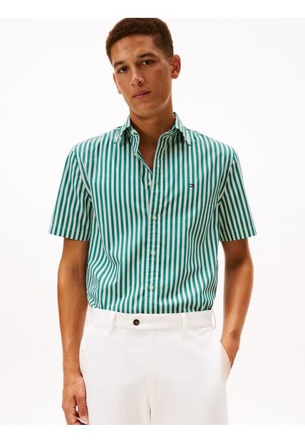 Camisa Beige Flex Poplin De Rayas Manga Corta Con Logo Tommy Hilfiger