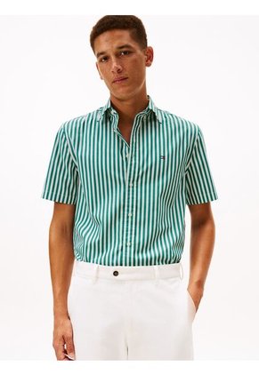 Camisa Beige Flex Poplin De Rayas Manga Corta Con Logo Tommy Hilfiger