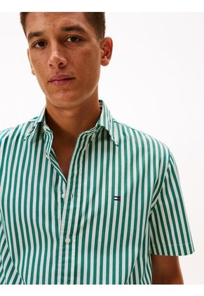 Camisa Beige Flex Poplin De Rayas Manga Corta Con Logo Tommy Hilfiger