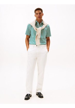 Camisa Beige Flex Poplin De Rayas Manga Corta Con Logo Tommy Hilfiger