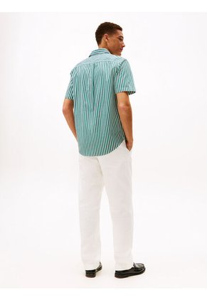 Camisa Beige Flex Poplin De Rayas Manga Corta Con Logo Tommy Hilfiger