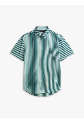 Camisa Beige Flex Poplin De Rayas Manga Corta Con Logo Tommy Hilfiger